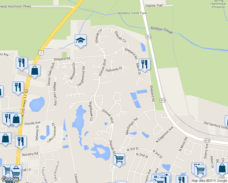 map of restaurants, bars, coffee shops, grocery stores, and more near 482 Club Drive in Winter Springs