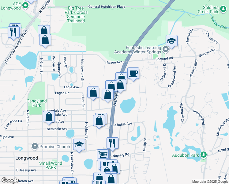 map of restaurants, bars, coffee shops, grocery stores, and more near 835 Florida 600 in Casselberry