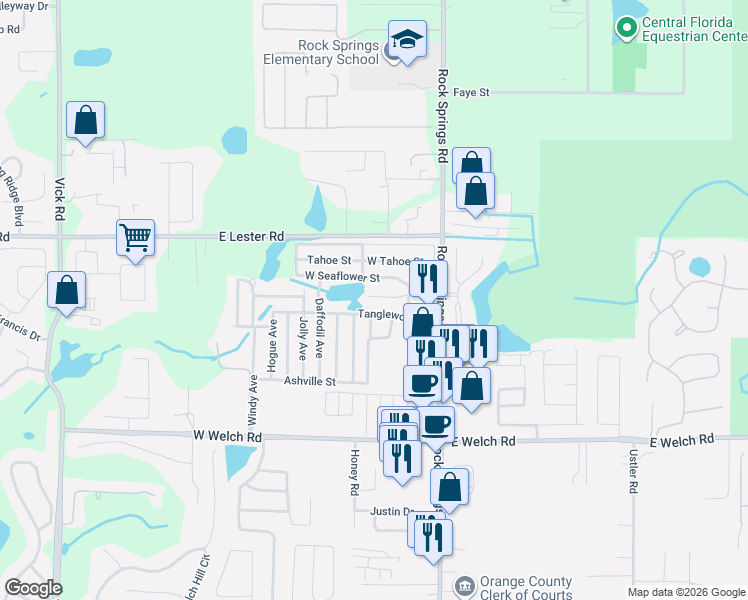 map of restaurants, bars, coffee shops, grocery stores, and more near 29-99 Dottie Street in Apopka