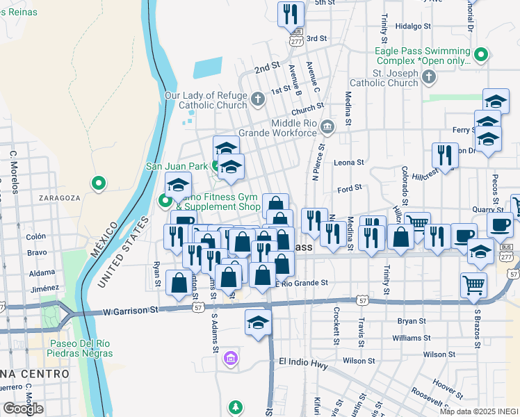 map of restaurants, bars, coffee shops, grocery stores, and more near 537 North Monroe Street in Eagle Pass