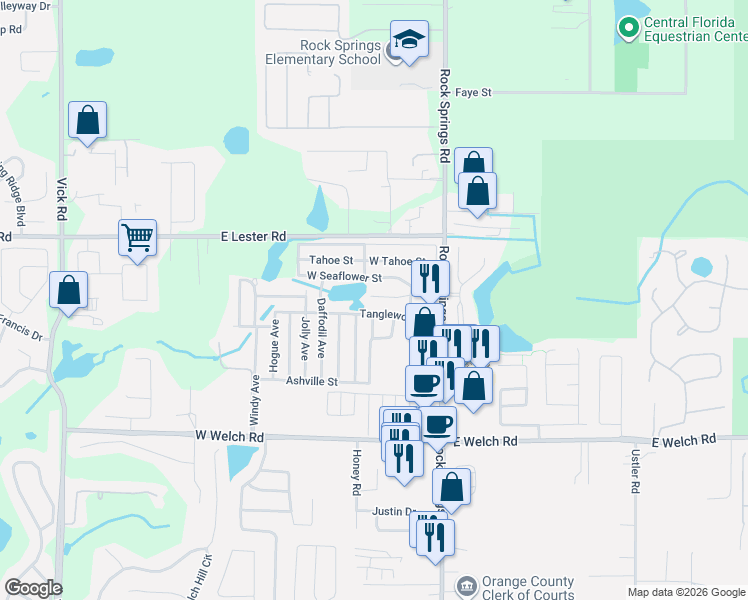 map of restaurants, bars, coffee shops, grocery stores, and more near 29-99 Dottie Street in Apopka