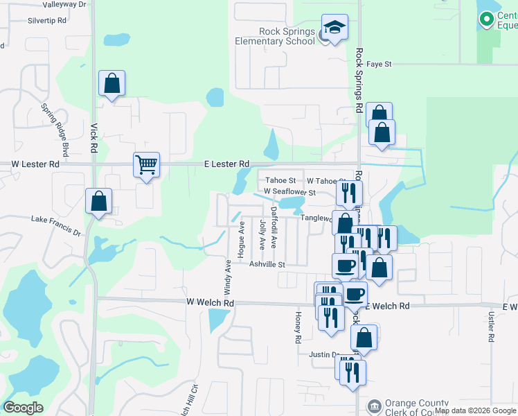 map of restaurants, bars, coffee shops, grocery stores, and more near 233 Barrow Street in Apopka