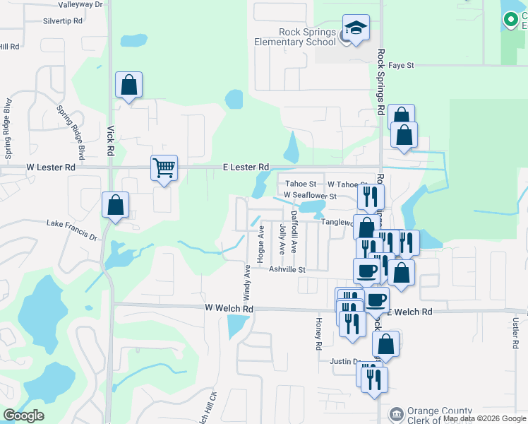 map of restaurants, bars, coffee shops, grocery stores, and more near 233 Barrow Street in Apopka