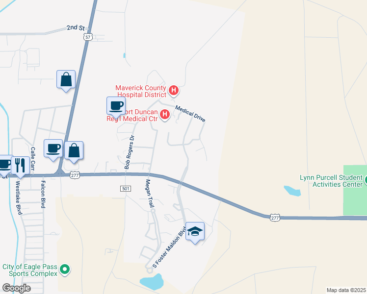 map of restaurants, bars, coffee shops, grocery stores, and more near North Foster Maldonado Boulevard in Eagle Pass