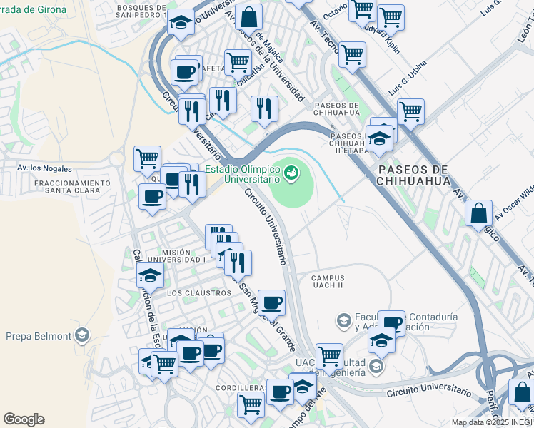 map of restaurants, bars, coffee shops, grocery stores, and more near Circuito Universitario in Chihuahua