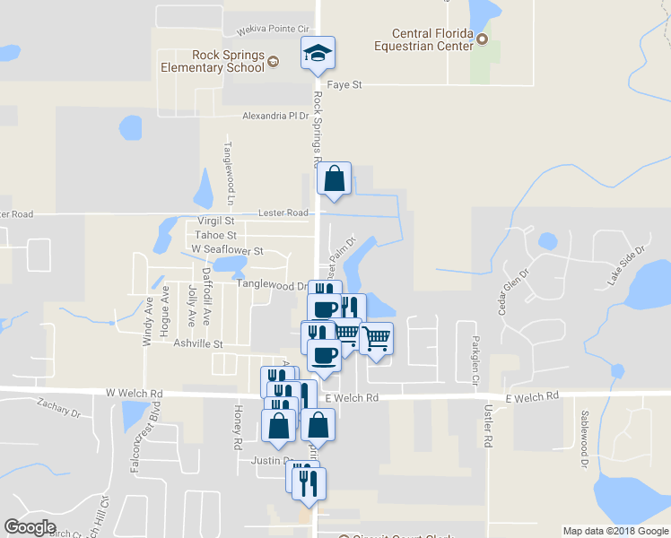 map of restaurants, bars, coffee shops, grocery stores, and more near 1933 Sunset Palm Drive in Apopka