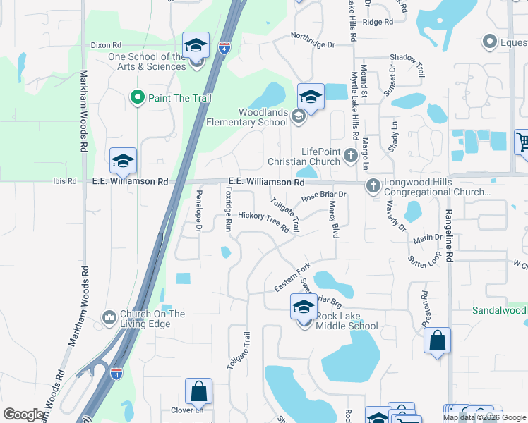 map of restaurants, bars, coffee shops, grocery stores, and more near 111 Hickory Tree Road in Longwood