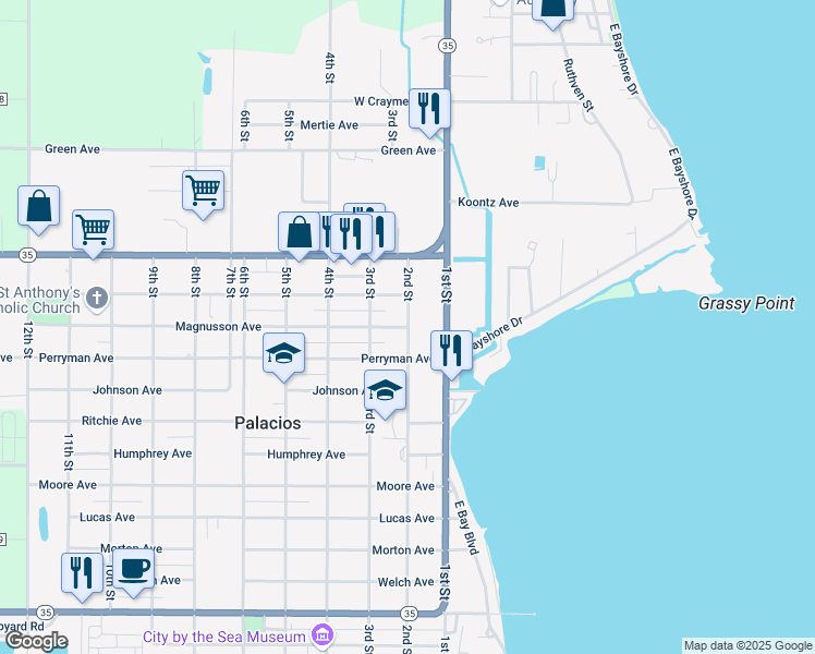 map of restaurants, bars, coffee shops, grocery stores, and more near 200 Magnusson Avenue in Palacios