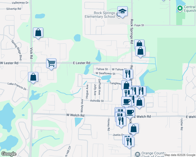 map of restaurants, bars, coffee shops, grocery stores, and more near 1833 Jolly Avenue in Apopka