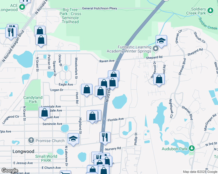 map of restaurants, bars, coffee shops, grocery stores, and more near 835-915 State Highway 600 in Longwood