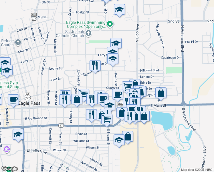 map of restaurants, bars, coffee shops, grocery stores, and more near 511 North Brazos Street in Eagle Pass