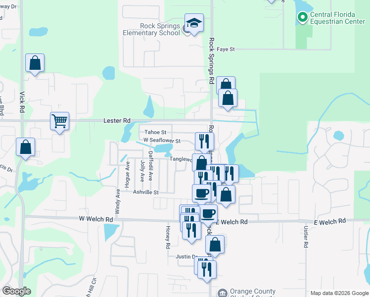 map of restaurants, bars, coffee shops, grocery stores, and more near 29-99 Dottie Street in Apopka