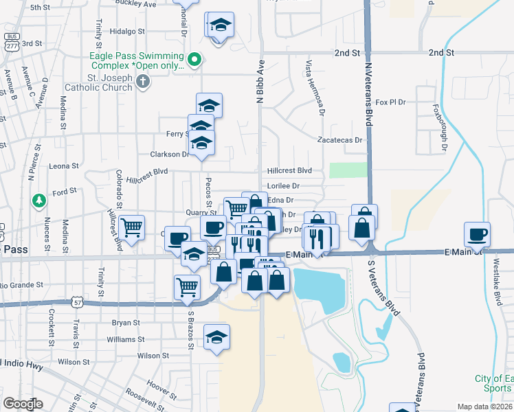 map of restaurants, bars, coffee shops, grocery stores, and more near 571 North Bibb Avenue in Eagle Pass