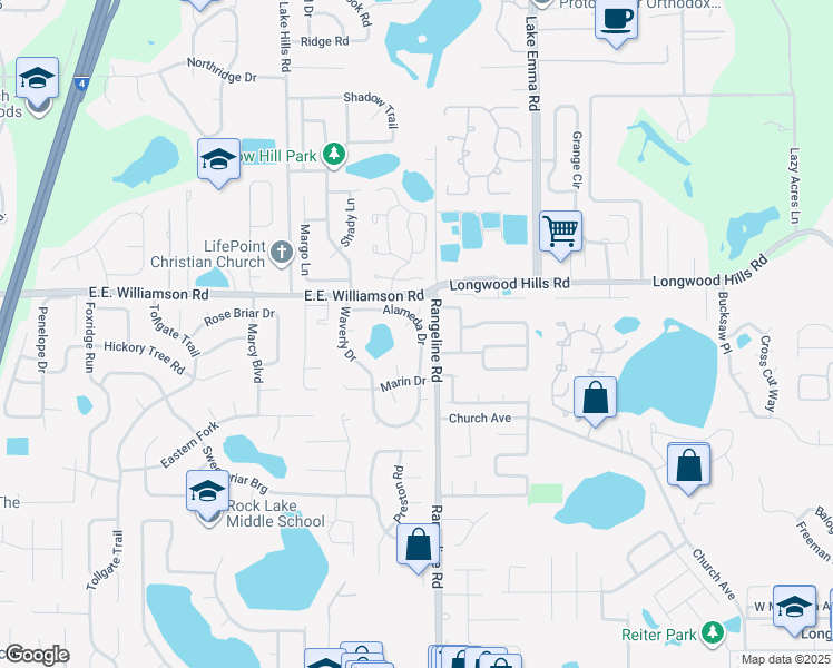 map of restaurants, bars, coffee shops, grocery stores, and more near 960 Alameda Drive in Longwood