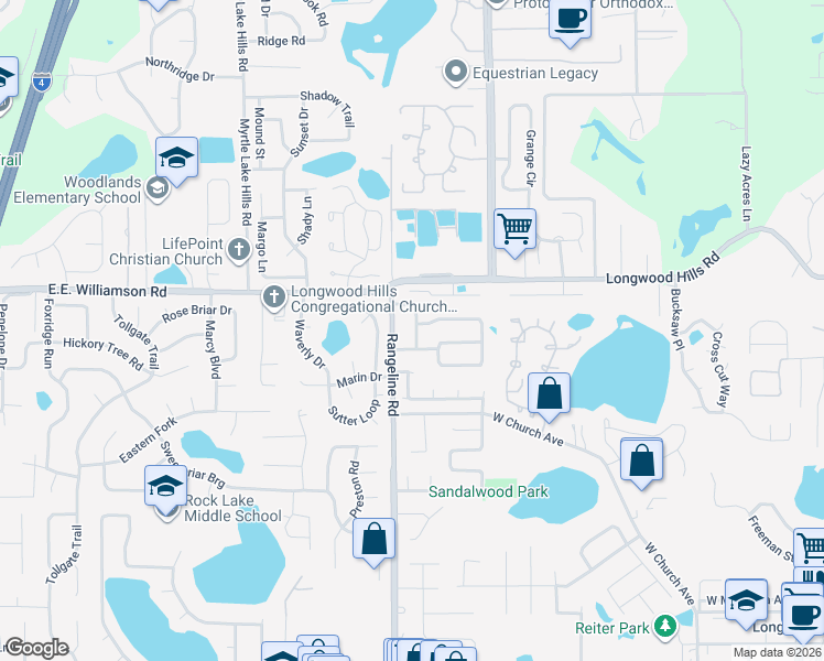 map of restaurants, bars, coffee shops, grocery stores, and more near 910 McClintock Street in Longwood