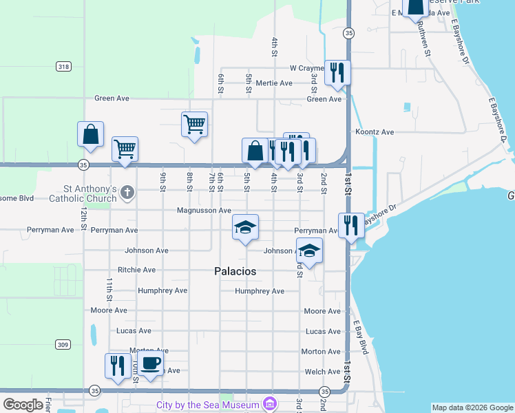 map of restaurants, bars, coffee shops, grocery stores, and more near 410 Magnusson Avenue in Palacios