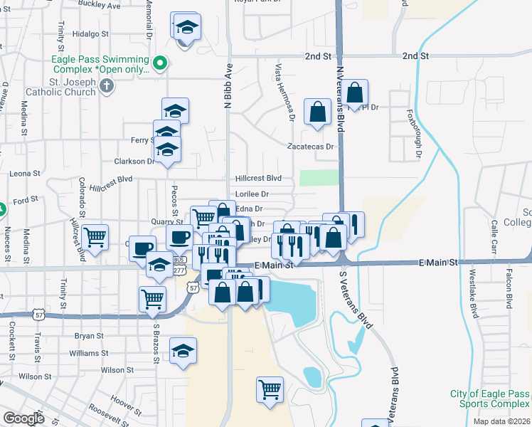 map of restaurants, bars, coffee shops, grocery stores, and more near 2378 Edna Drive in Eagle Pass