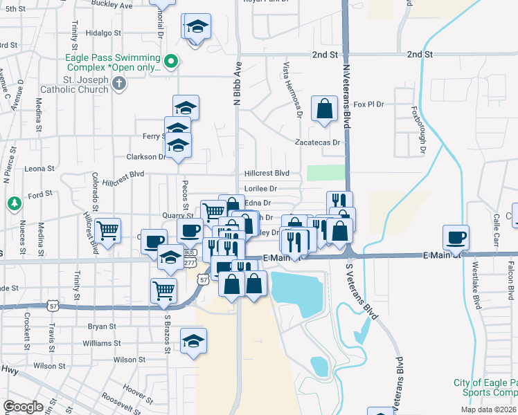 map of restaurants, bars, coffee shops, grocery stores, and more near 2336 Edna Drive in Eagle Pass