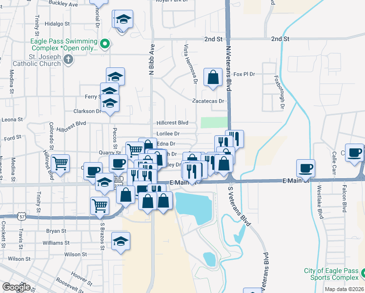 map of restaurants, bars, coffee shops, grocery stores, and more near 2378 Edna Drive in Eagle Pass