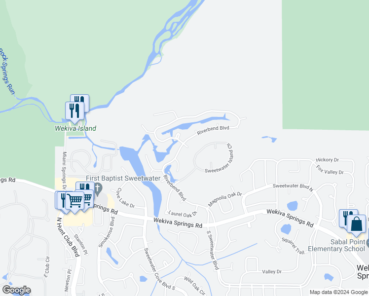 map of restaurants, bars, coffee shops, grocery stores, and more near 708 Riverbend Boulevard in Longwood