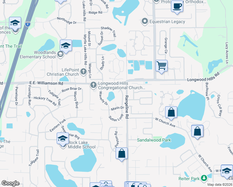 map of restaurants, bars, coffee shops, grocery stores, and more near 1034 Marin Drive in Longwood