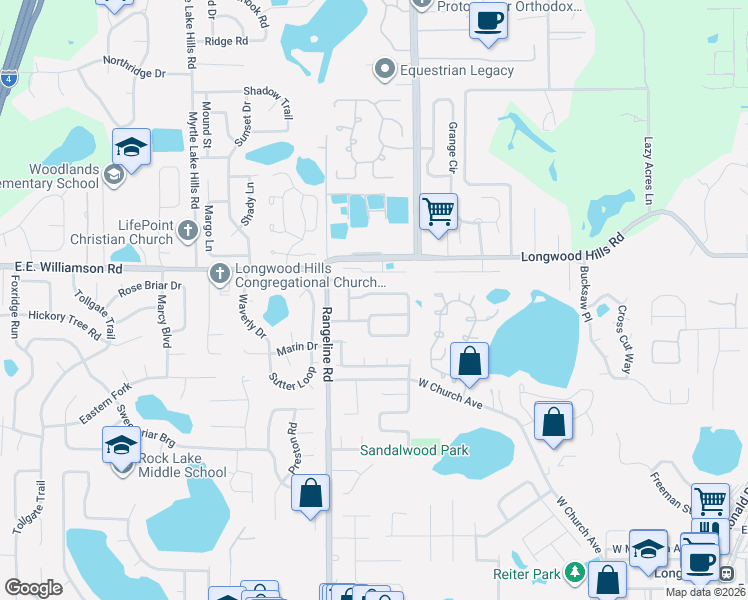 map of restaurants, bars, coffee shops, grocery stores, and more near 323 Loch Lomond Avenue in Longwood