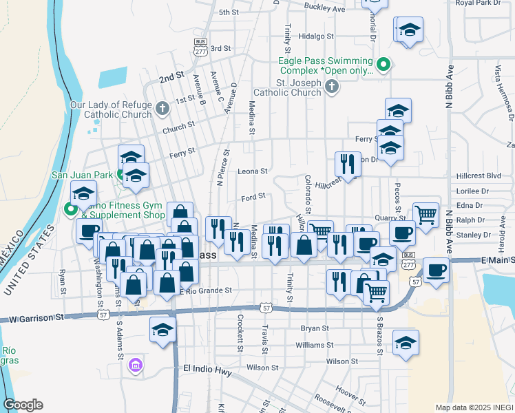 map of restaurants, bars, coffee shops, grocery stores, and more near 455 Medina Street in Eagle Pass