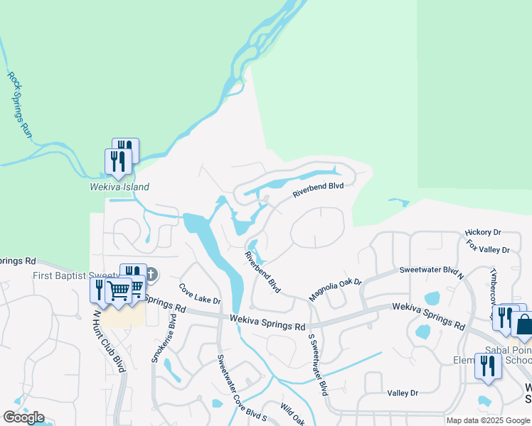 map of restaurants, bars, coffee shops, grocery stores, and more near 707 Riverbend Boulevard in Longwood