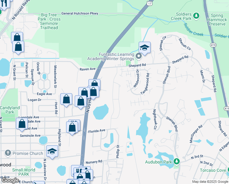 map of restaurants, bars, coffee shops, grocery stores, and more near 579 Seven Oaks Boulevard in Winter Springs