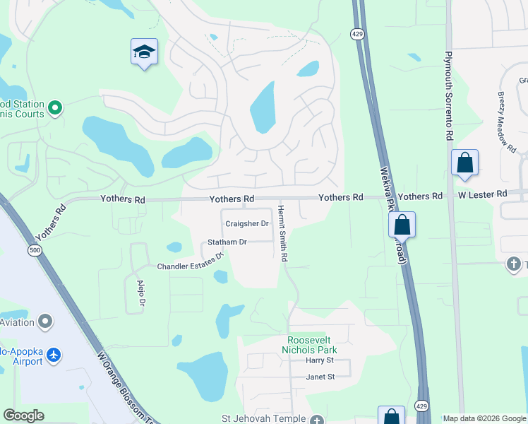 map of restaurants, bars, coffee shops, grocery stores, and more near 3615 Craigsher Drive in Apopka