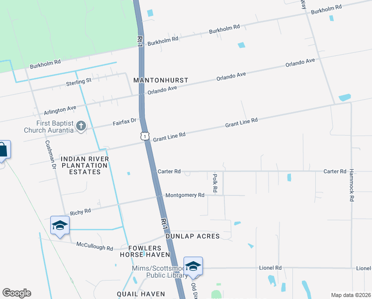 map of restaurants, bars, coffee shops, grocery stores, and more near 3620 Carter Road in Mims