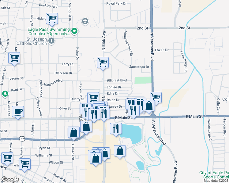 map of restaurants, bars, coffee shops, grocery stores, and more near 2336 Edna Drive in Eagle Pass