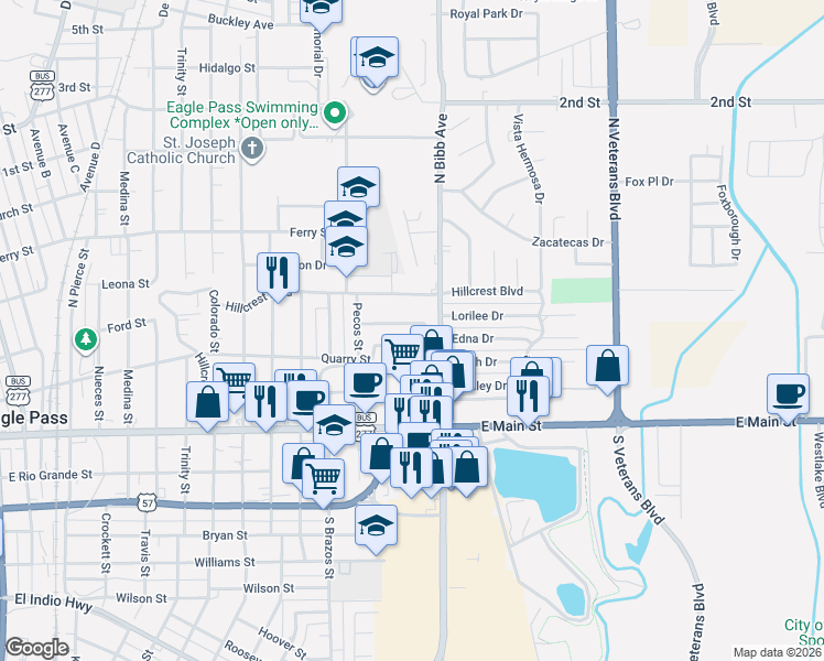 map of restaurants, bars, coffee shops, grocery stores, and more near 2148 Quarry Street in Eagle Pass
