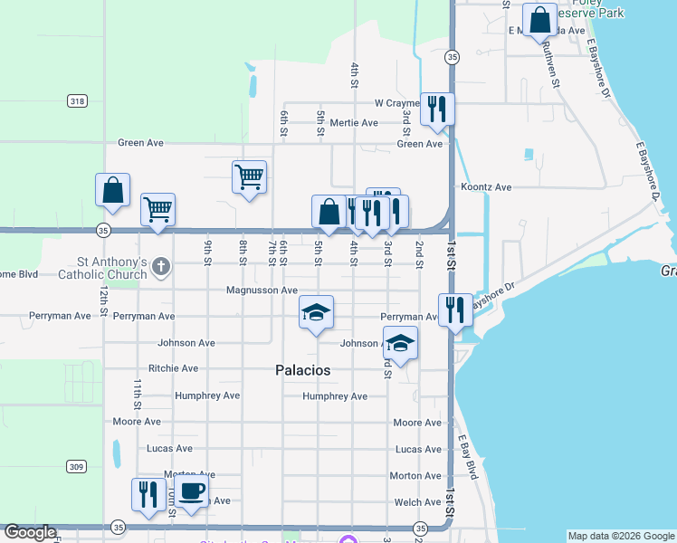 map of restaurants, bars, coffee shops, grocery stores, and more near 410 Magnusson Avenue in Palacios