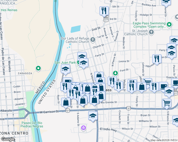 map of restaurants, bars, coffee shops, grocery stores, and more near 537 North Monroe Street in Eagle Pass