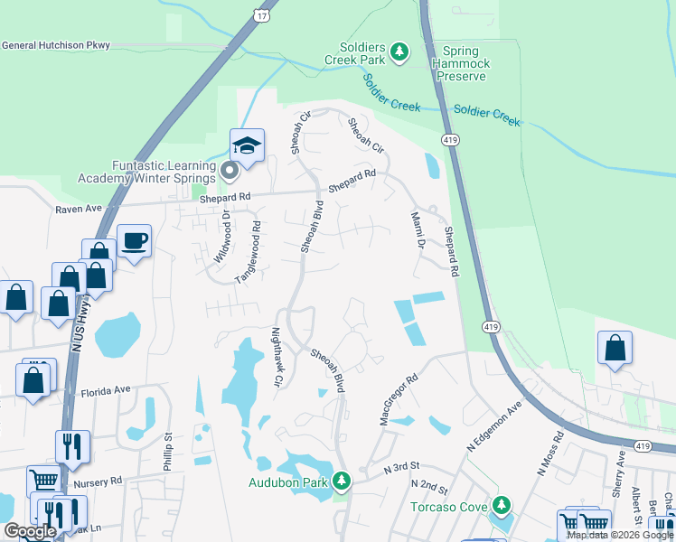 map of restaurants, bars, coffee shops, grocery stores, and more near 632 Clearn Court in Winter Springs