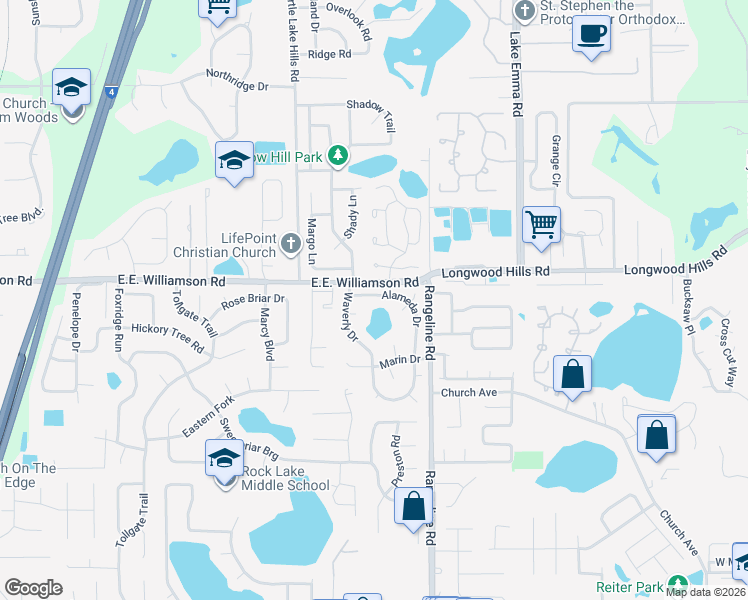 map of restaurants, bars, coffee shops, grocery stores, and more near 1034 Marin Drive in Longwood