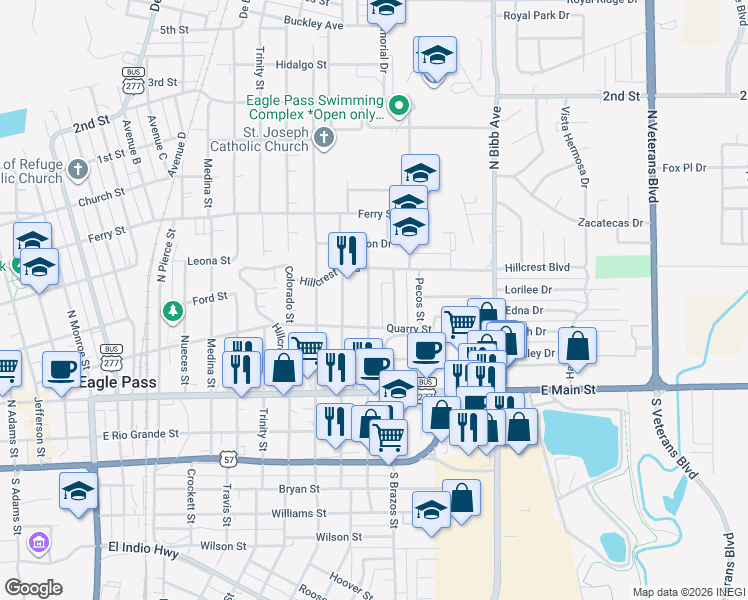 map of restaurants, bars, coffee shops, grocery stores, and more near 511 North Brazos Street in Eagle Pass