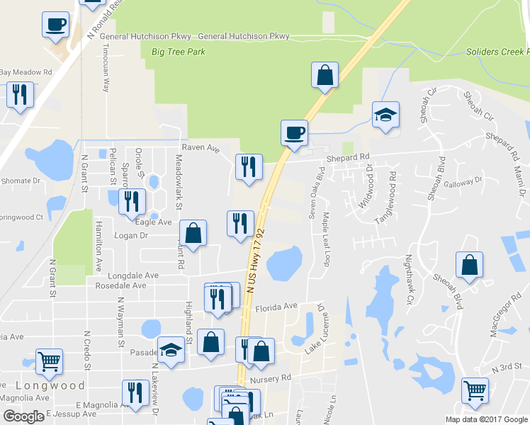 map of restaurants, bars, coffee shops, grocery stores, and more near 863 U.S. 17 in Longwood