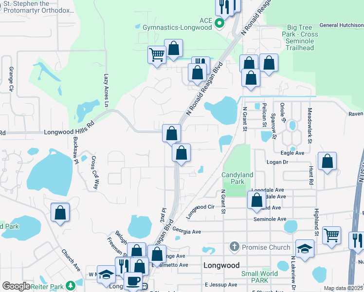 map of restaurants, bars, coffee shops, grocery stores, and more near 101 Shomate Drive in Longwood