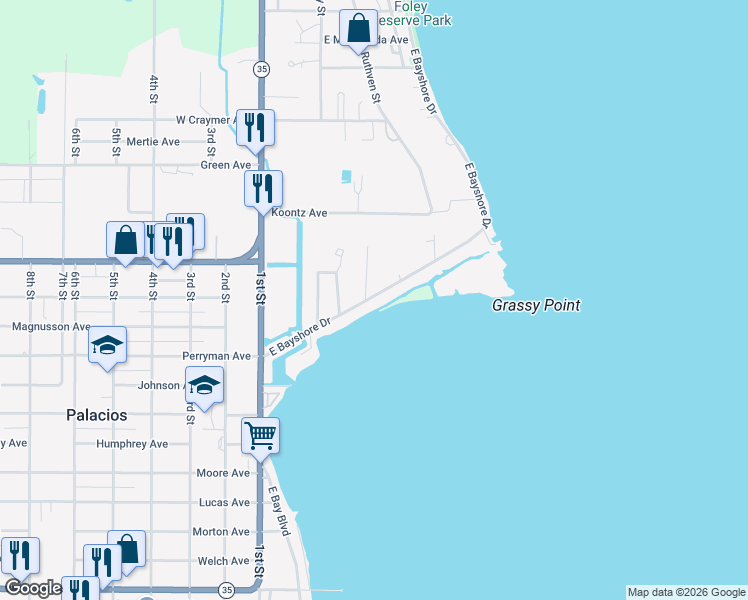 map of restaurants, bars, coffee shops, grocery stores, and more near 401 East Bayshore Drive in Palacios
