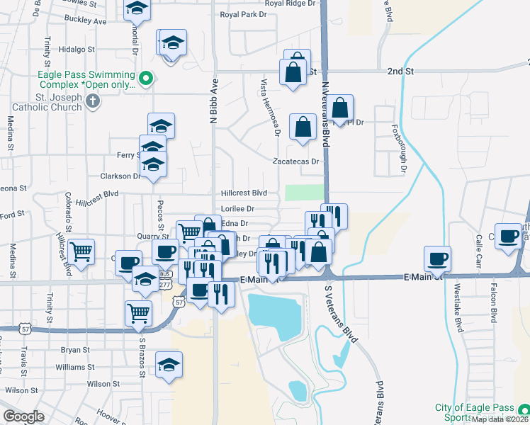 map of restaurants, bars, coffee shops, grocery stores, and more near 2375 Lorilee Drive in Eagle Pass