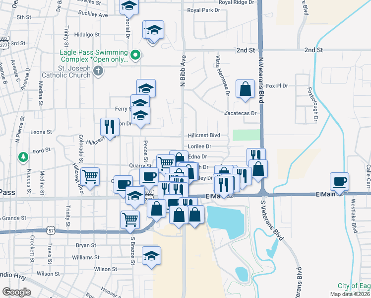 map of restaurants, bars, coffee shops, grocery stores, and more near 791 North Bibb Avenue in Eagle Pass