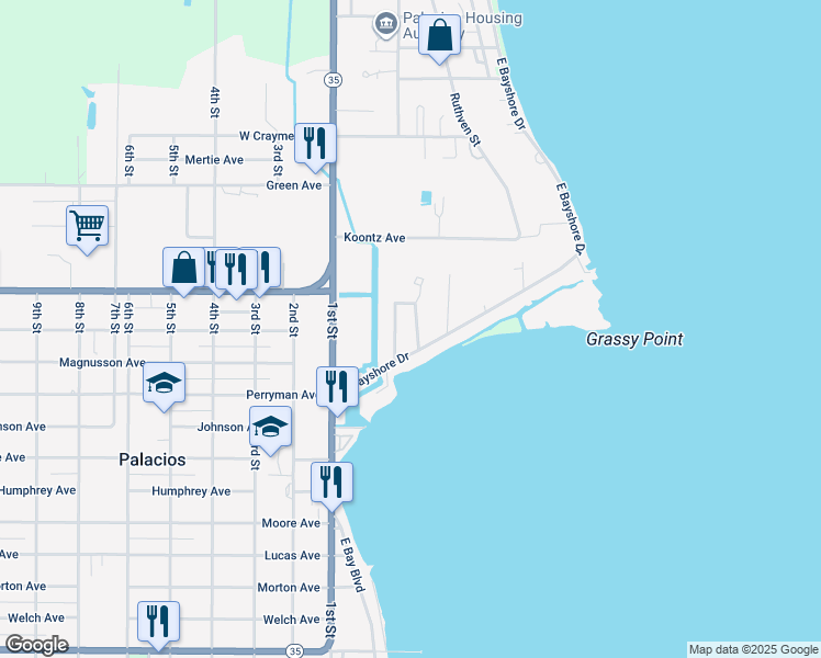 map of restaurants, bars, coffee shops, grocery stores, and more near 318 East Bayshore Drive in Palacios