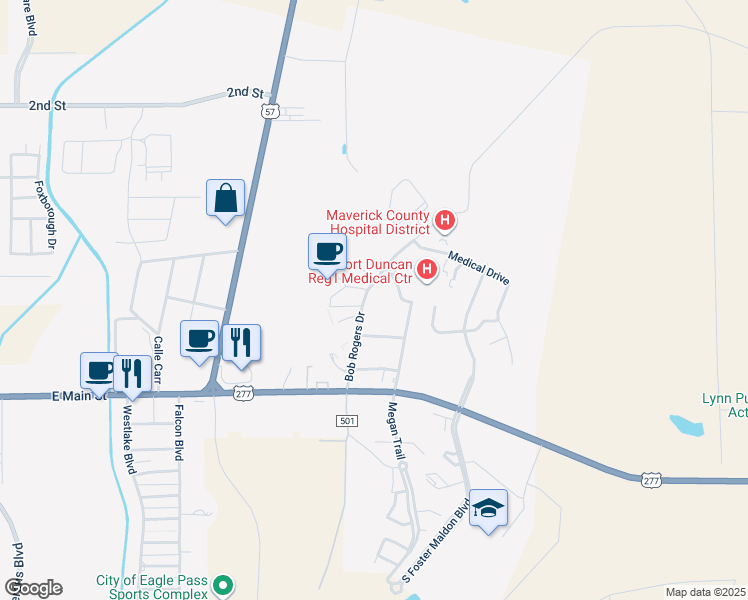 map of restaurants, bars, coffee shops, grocery stores, and more near 3254 Bob Rogers Drive in Eagle Pass