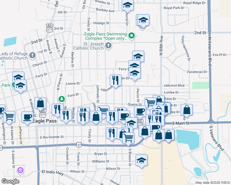 map of restaurants, bars, coffee shops, grocery stores, and more near 570 North San Marcos Street in Eagle Pass