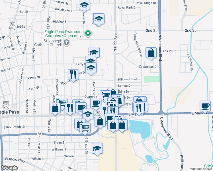 map of restaurants, bars, coffee shops, grocery stores, and more near 2156 Hillcrest Boulevard in Eagle Pass
