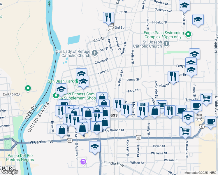 map of restaurants, bars, coffee shops, grocery stores, and more near 800 Leona Street in Eagle Pass