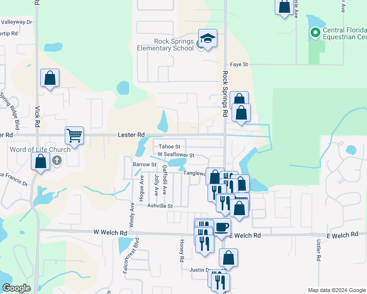 map of restaurants, bars, coffee shops, grocery stores, and more near 101-163 Tahoe Street in Apopka