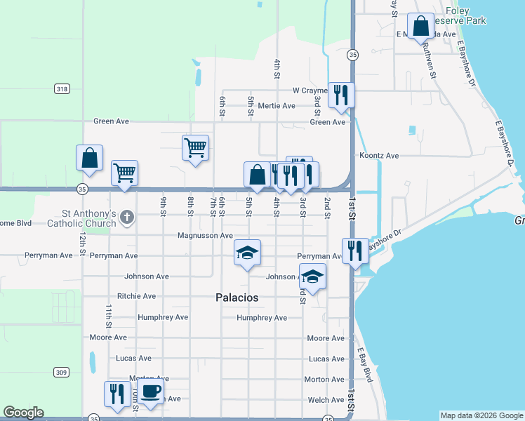 map of restaurants, bars, coffee shops, grocery stores, and more near 408 Rorem Avenue in Palacios